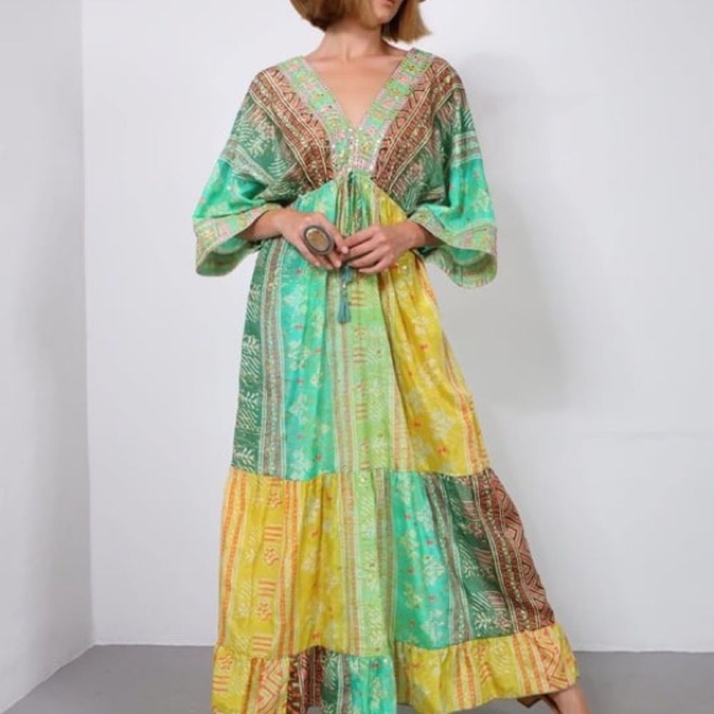 Green and Brown Resort Maxi Dress with V-Neck and Dolman Sleeves